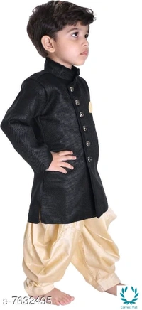 Just Creation Exclusive Hot Sherwani & Dhoti - 6-12 Months, Black/ Cream, Cotton Blend, Pack of :1